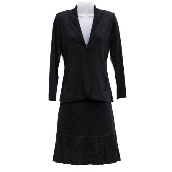 Misook Petite XS Black Knit Skirt Suit 2 Pc One Button Blazer Goth Minimalist - Picture 14 of 16
